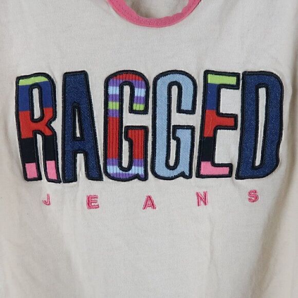 RAGGED JEANS PINK & IVORY CROPPED SHORT SLEEVE BASEBALL LOGO SHIRT SIZE MED - Picture 5 of 7